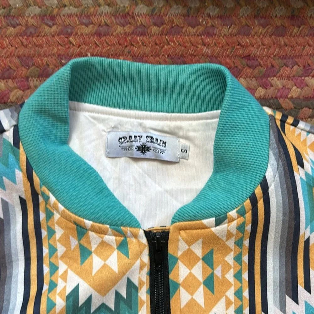 CRAZY TRAIN YELLOW & BLUE AZTEC GEOMETRIC WESTERN COUNTRY COWGIRL BOMBER JACKET - Picture 4 of 7